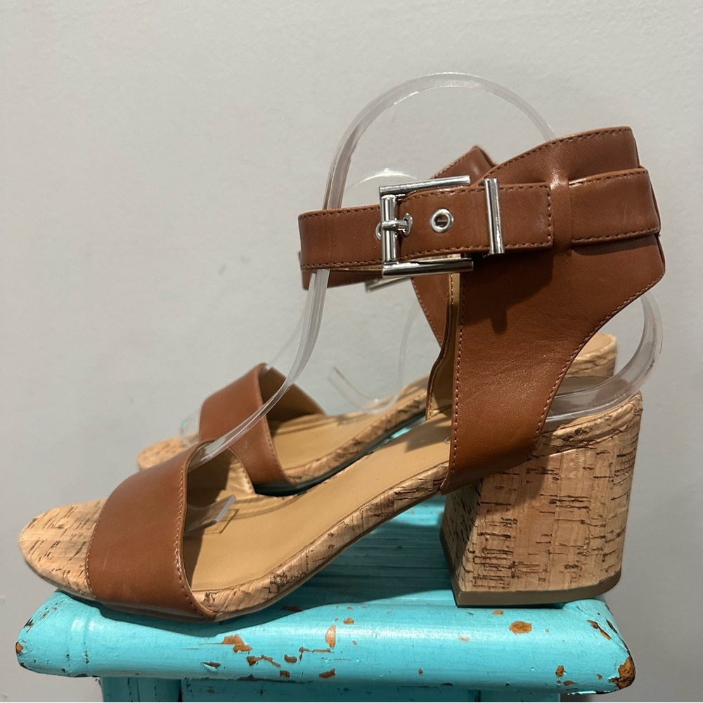 Franco Sarto Melody Tan Leather Ankle Strap Buckle Cork Heel Sandal Size 9